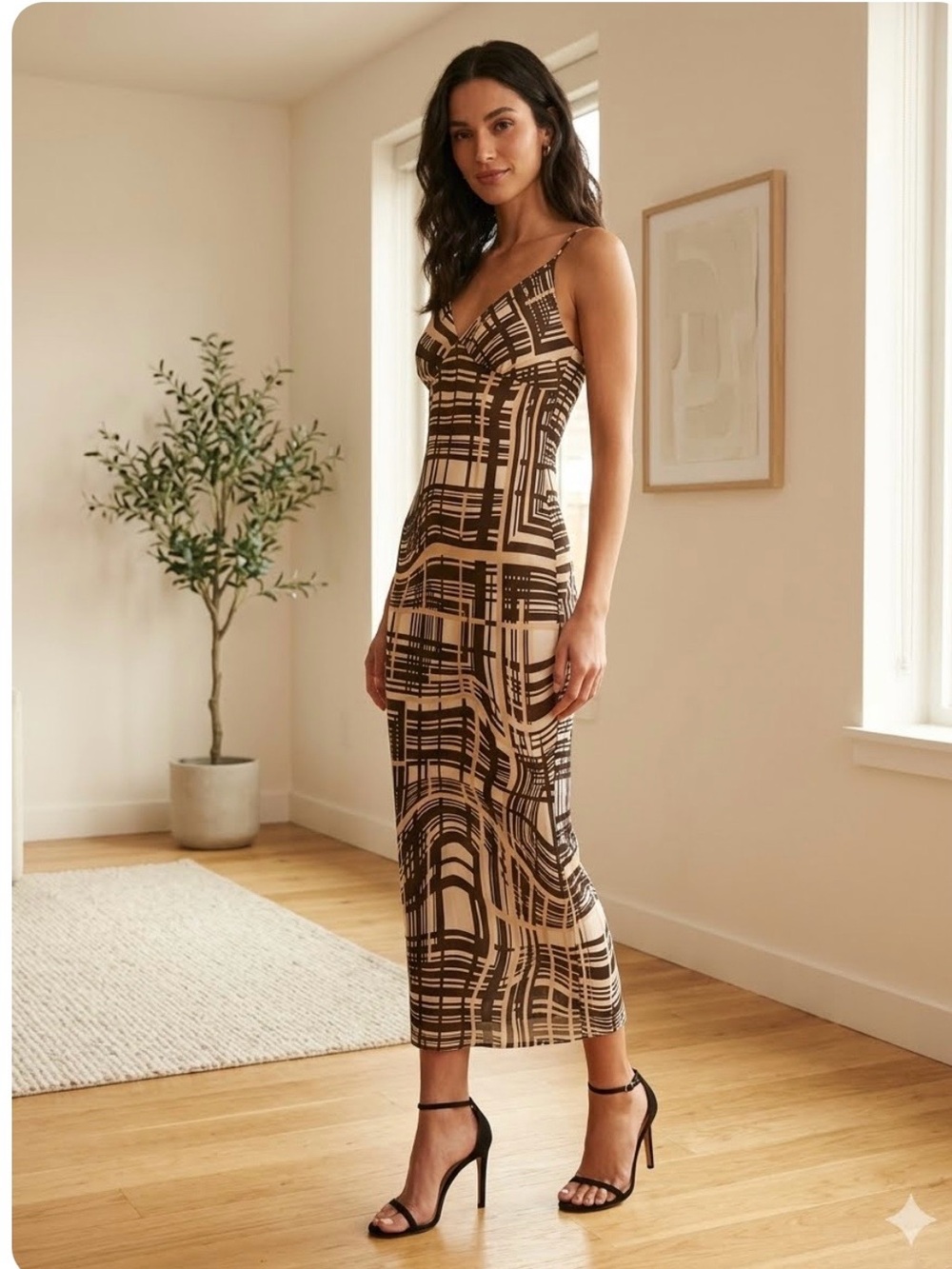 Spaghetti-Strap Maxi Dress in Brown and Cream Geometric Print